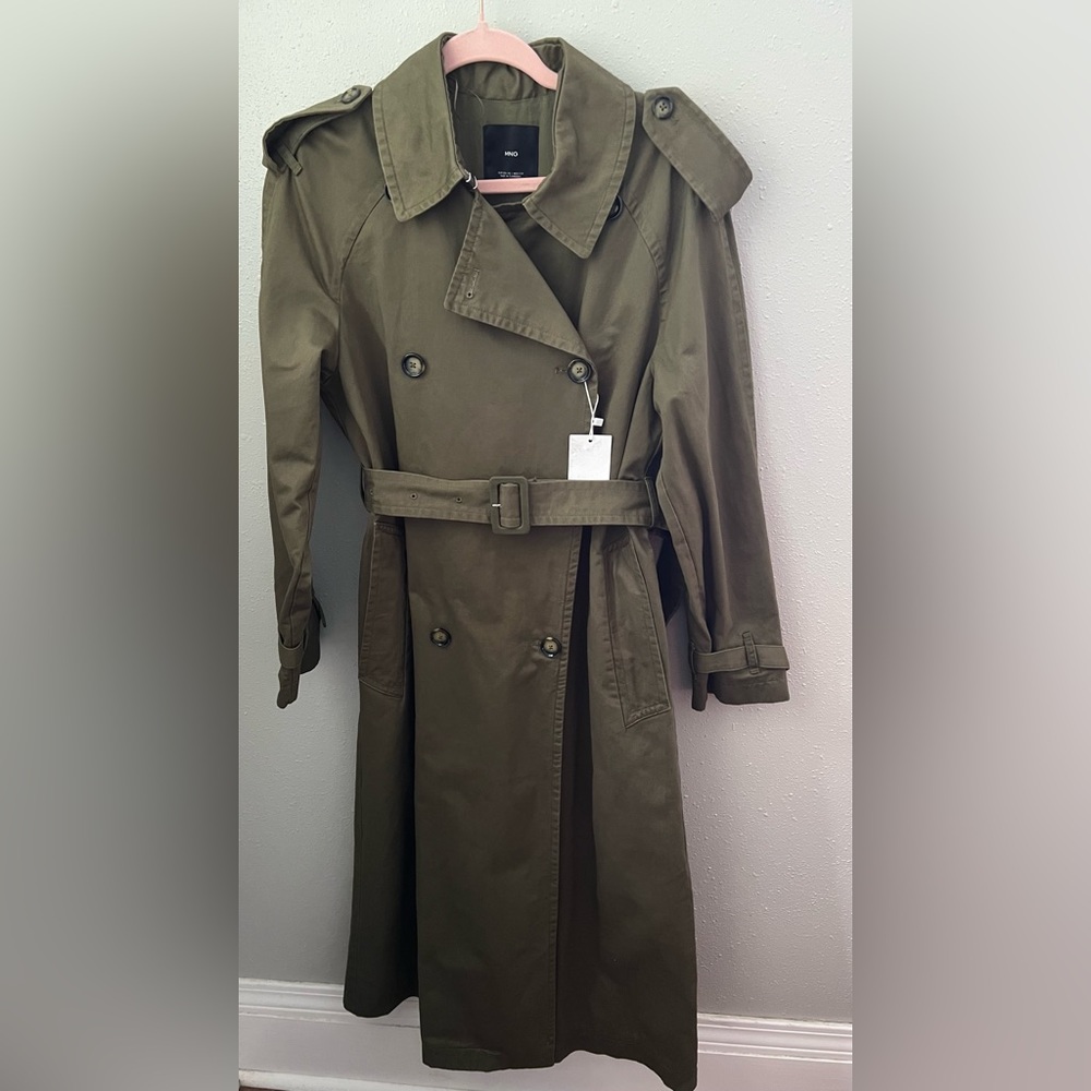 Mango Cotton Lapel Trench In Olive Green Size XS New - Picture 3 of 13